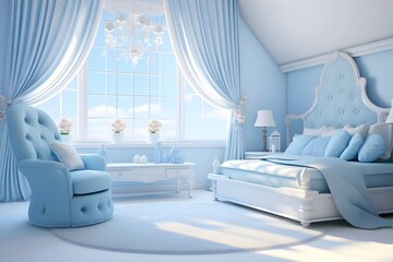 3D Beautiful White Bedroom in Baby Blue HD

