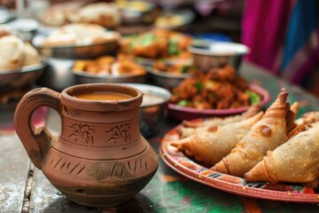 Masala tea, samosa. Indian breakfast at the market. clay mug. - obrazy, fototapety, plakaty
