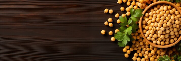 Chickpeas, chick peas, garbanzo beans background, banner, texture for hummus label design. Top view of chickpea legumes