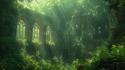 Journey through a world where the passage of time is etched in the gentle embrace of nature reclaiming architectural relics - obrazy, fototapety, plakaty