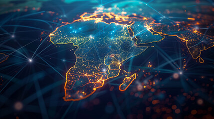 Digital Connectivity Network Map of Africa. An intricate digital map of Africa glowing with connectivity points, illustrating the continent's digital communication and network infrastructure.