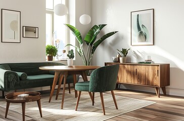 Dining room with a round wooden table, a green sofa and a sideboard made of walnut wood
