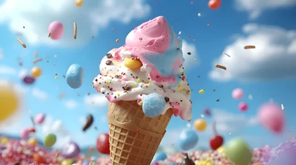Foto auf Alu-Dibond Ice cream in waffle cone with colorful candies on blue sky background © Wazir Design