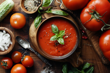 Tomato soup or gazpacho. Summer cold vegan food. Spanish dish.