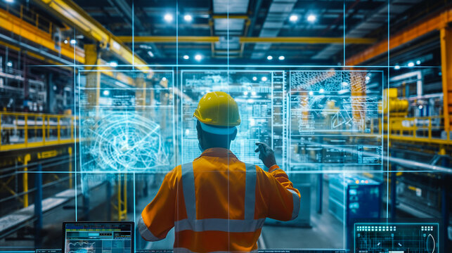 Engineer Monitoring Advanced Manufacturing Processes. A back view of an engineer wearing a hard hat and reflective vest as he oversees manufacturing operations through a high-tech digital interface. - Powered by Adobe