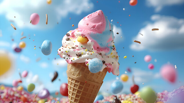 Ice cream in waffle cone with colorful candies on blue sky background