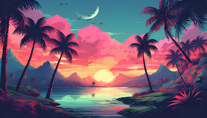 Beautiful tropical island with palm trees and sunset. Vector illustration. - obrazy, fototapety, plakaty