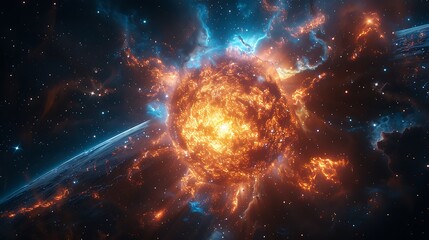 Marvel at the cosmic fireworks of a supernova explosion, a dazzling display of raw energy and power, captured in exquisite detail by the lens of a high-definition camera. - obrazy, fototapety, plakaty