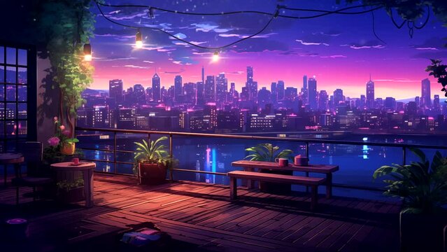 Lofi cafe at night with shooting stars in the sky. seamless looping 4k time-lapse animation video background
