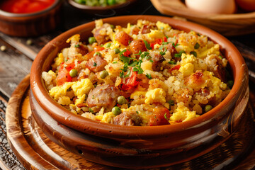 Plate with typical spanish dish migas pastoriles. Typical spanish cuisine