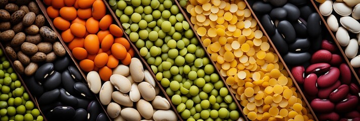 Legumes background, banner, poster with top view. Assorted legumes arranged in a diagonal rows
