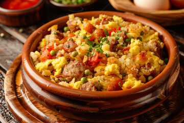 Plate with typical spanish dish migas pastoriles. Typical spanish cuisine