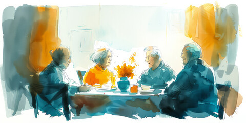 old women and two old men sitting at a dining table talking,generative ai