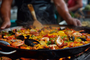 Cooking and making a traditional Spanish Paella over open fire. Traditional way of preparing Valencian paella  with fire wood and flames in a big pan.