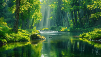 Fototapeta na wymiar Tranquil forest scene: river, tall trees, soft sunlight, serene atmosphere.generative ai