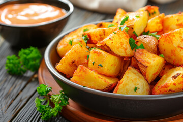 Fried potato - Patatas bravas traditional Spanish potatoes snack tapas. - obrazy, fototapety, plakaty