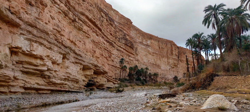 The balconies of Ghoufi, an ancient Berber village, with houses made of stone and clay, carved into waterfalls in the rock, this large canyon is crossed by the Abiod river. Batna . Algeria