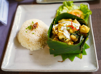 Cambodian Fish Curry and Rice served in a restaurant at Siem Reap, Cambodia, Asia