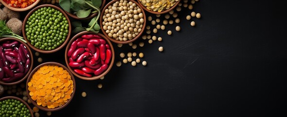 Legumes background, banner, poster with copy space and top view. Assorted legumes black background