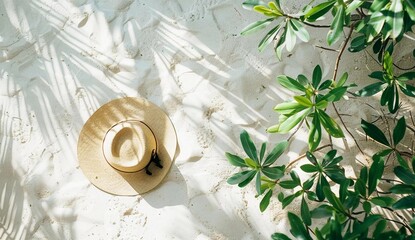 Horizontal template, svehru view. Sandy beach and beautiful sun hat. Green plants. Advertising for travel agency - signboard, banner, flyer, certificate, advertisement. Vacation concept. 
