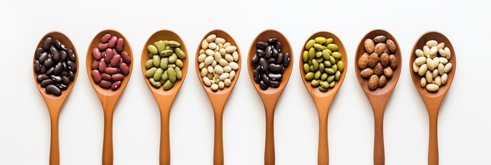 Assorted legumes in wooden spoons on a white background. Legumes banner