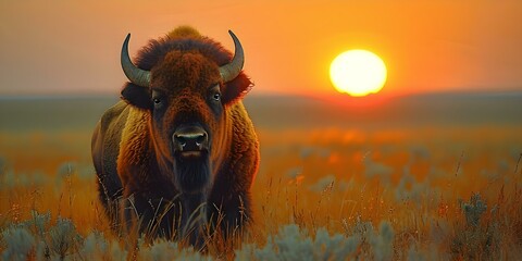 Bison grazing in a savanna at sunset. Concept Wildlife Photography, Nature at Dusk, Prairie Ecosystems