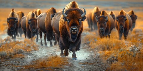 Conservation of Bison Herds: Wildlife Migration Routes and Human-Wildlife Interactions. Concept Bison Conservation, Wildlife Migration, Human-Wildlife Interaction, Bison Herds - obrazy, fototapety, plakaty