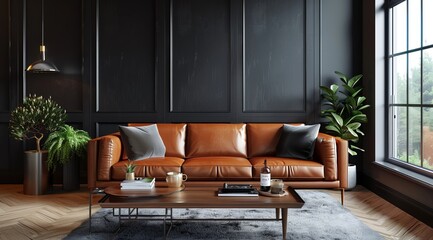 Industrial style interior design concept with a brown leather sofa and coffee table near a window