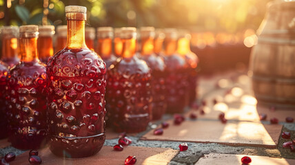 Rows of bottled pomegranate syrup outdoors at sunset