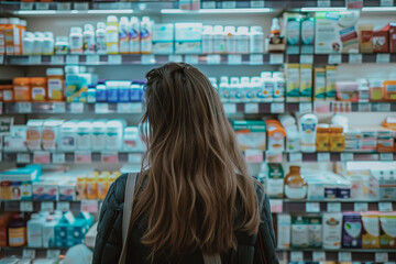 A woman is looking at the medicine section of a store