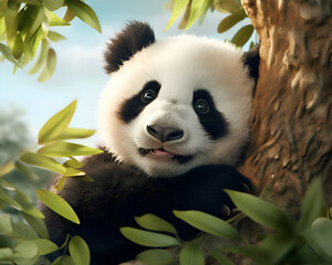 Fototapeta premium Giant panda bear sitting on a tree and eating bamboo leaves