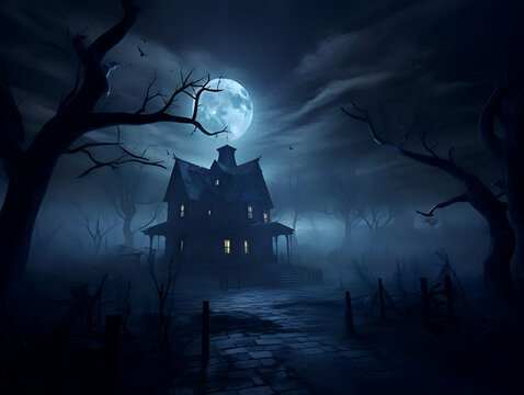 Halloween background with haunted house and full moon. 3d render