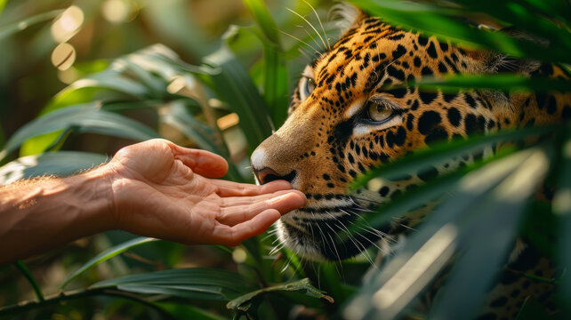Human hand touching a jaguar's face through foliage.