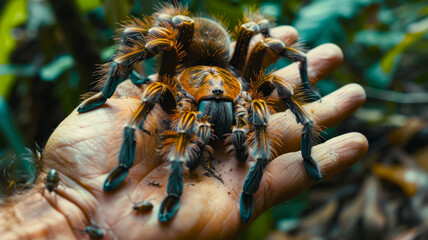 Tarantula on a human hand.