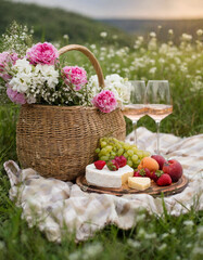 Fototapeta na wymiar Blanket in Field with Wicker Picnic Basket, Glasses of Wine, Plate of Cheese and Fruit and a Bouquet AI