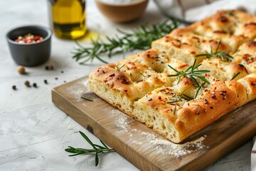 Gluten free focaccia, catering to the growing demand for inclusive baking, inviting and appetizing appearance, served on a stylish, minimalistic kitchen counter