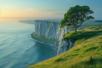 Photograph the rugged cliffs of White cliff in southern England, with its white chalcedony rock and green grassy slopes overlooking blue sea at sunrise. Created with Ai - obrazy, fototapety, plakaty