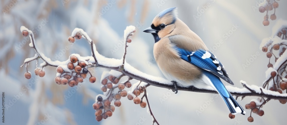 Poster a songbird with colorful feathers is perched on a snowy twig with berries, its beak poised for a dri