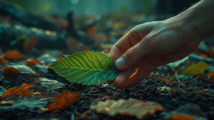 Hand picking up a green leaf.