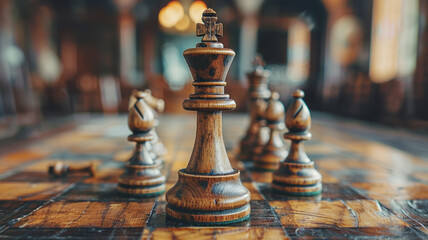 A close-up of a chess king and pawns on a board. - obrazy, fototapety, plakaty