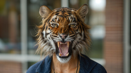 A creature with a roaring tiger head and a human body. - obrazy, fototapety, plakaty