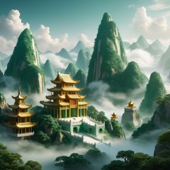 Fantasy landscape with mountains and ancinent architecture