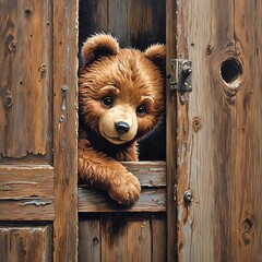 A teddy bear with a lifelike expression peers out from behind a slightly ajar rustic wooden door - 770972810