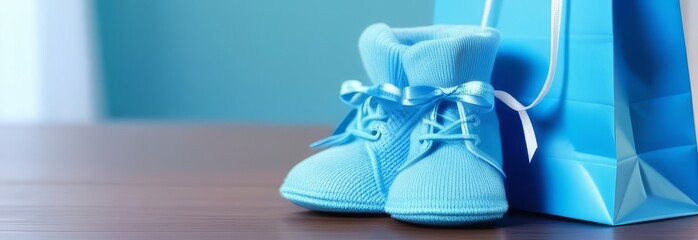 A pair of blue baby booties sit on a table next to a blue shopping bag. Concept of warmth and love, as the baby booties are likely for a newborn or a young child