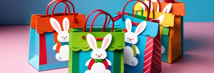 A row of colorful Easter bunny bags are lined up on a pink table. The bags are decorated with cute rabbit faces and are all different colors