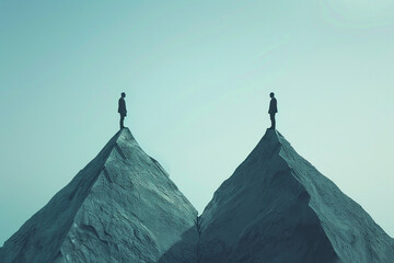 Two persons standing on different high peaks showing the divergence of success achievement. Inequality between people concept as global social issue. Discrimination, injustice and unfairness symbol - obrazy, fototapety, plakaty