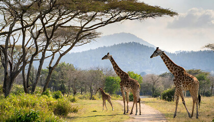 野生のキリンのイメージ素材。キリンの群れ。Image material of wild giraffe. A herd of giraffes. - obrazy, fototapety, plakaty