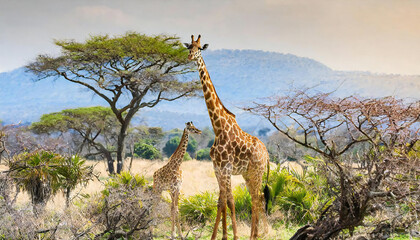 野生のキリンのイメージ素材。キリンの群れ。Image material of wild giraffe. A herd of giraffes. - obrazy, fototapety, plakaty