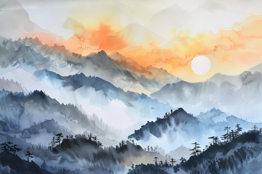 A painting of mountains with a sun in the sky