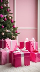 A Christmas tree with pink and white ornaments and a pink box with a white ribbon on top